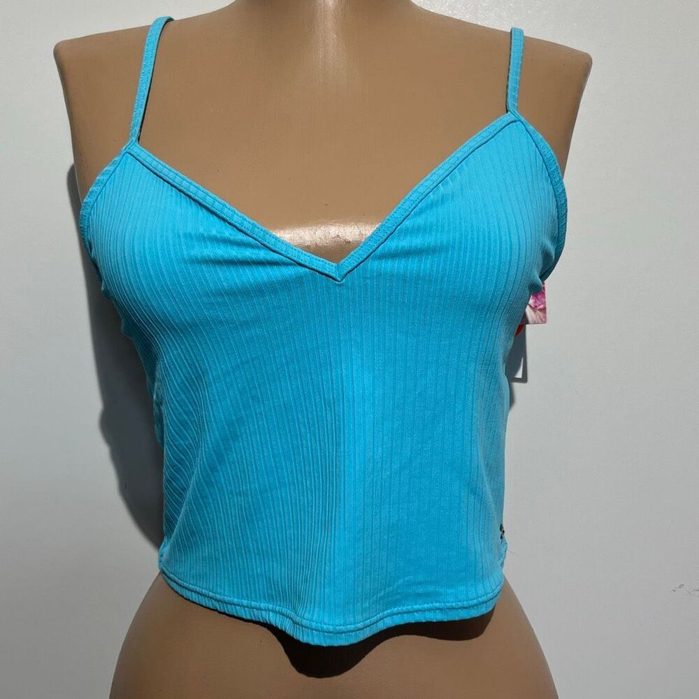 Roxy Women's Pacific Blue Cropped V-Neck Ribbed Brami Strappy Tank Top Large NWT